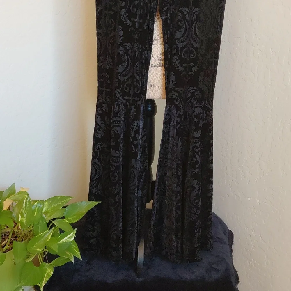 KILLSTAR 4X BLACK MISERIA SUPER FLARES ELASTIC WAIST INVERTED CROSS AND FLORAL - Picture 3 of 12